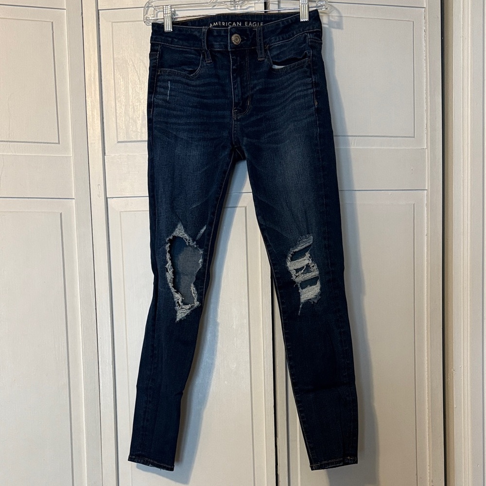 American Eagle Outfitters Dark Indigo Distressed Hi-rise Jegging Jeans - Women's